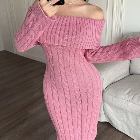 Pink Elegant Women's Tie-Neck Off Shoulder Long Sleeve Fitted Knit Midi Dress - Picture 5 of 5
